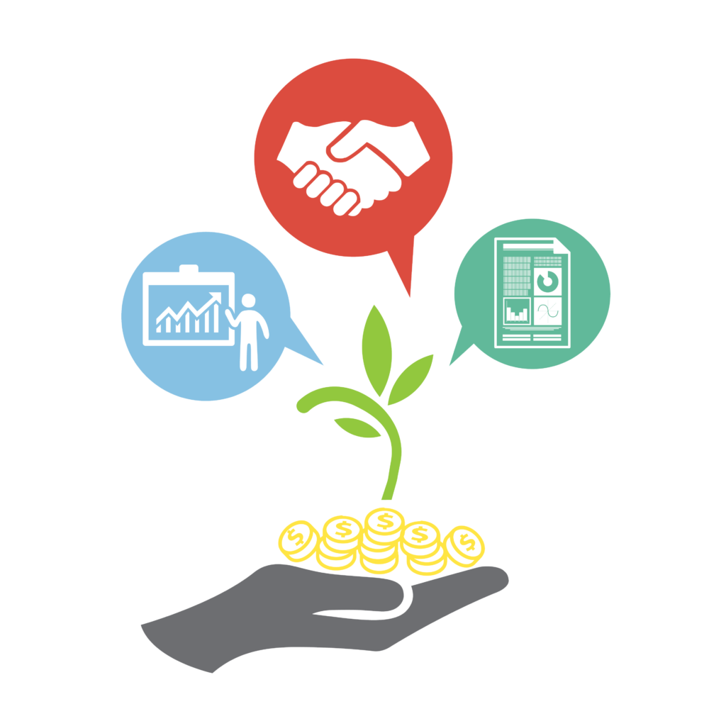 A hand holding coins supports a growing plant with three bubbles above showing a presentation chart, a handshake, and a document with graphs.
