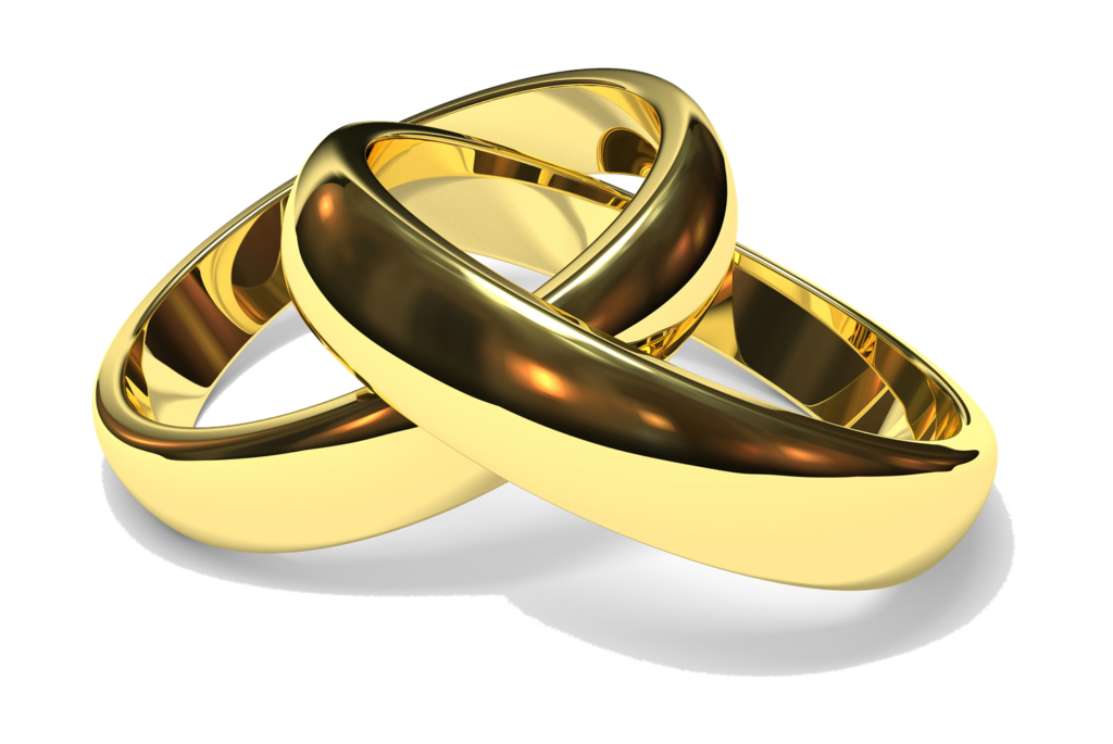 Two gold wedding bands intertwined.